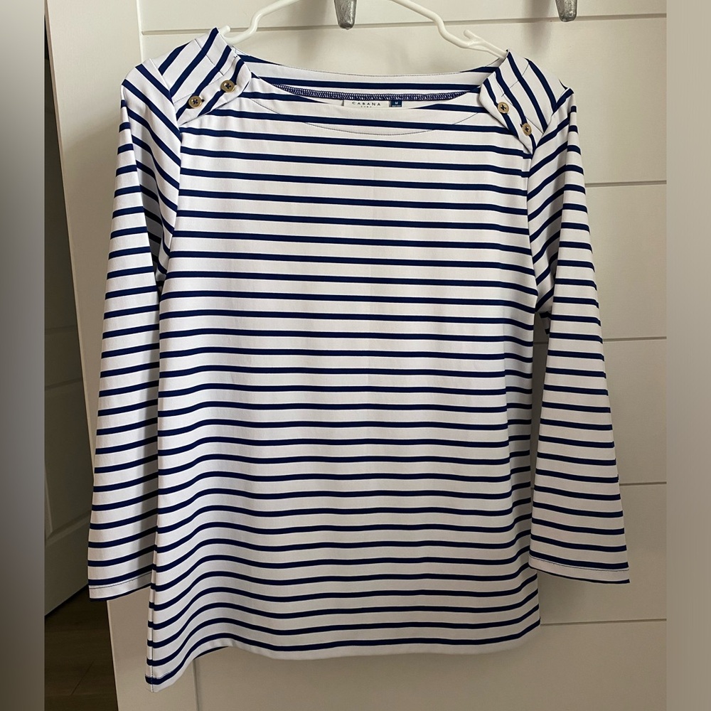 Cabana Life Women’s Navy Stripe 3/4 Sleeve Boatneck Top. Size M.